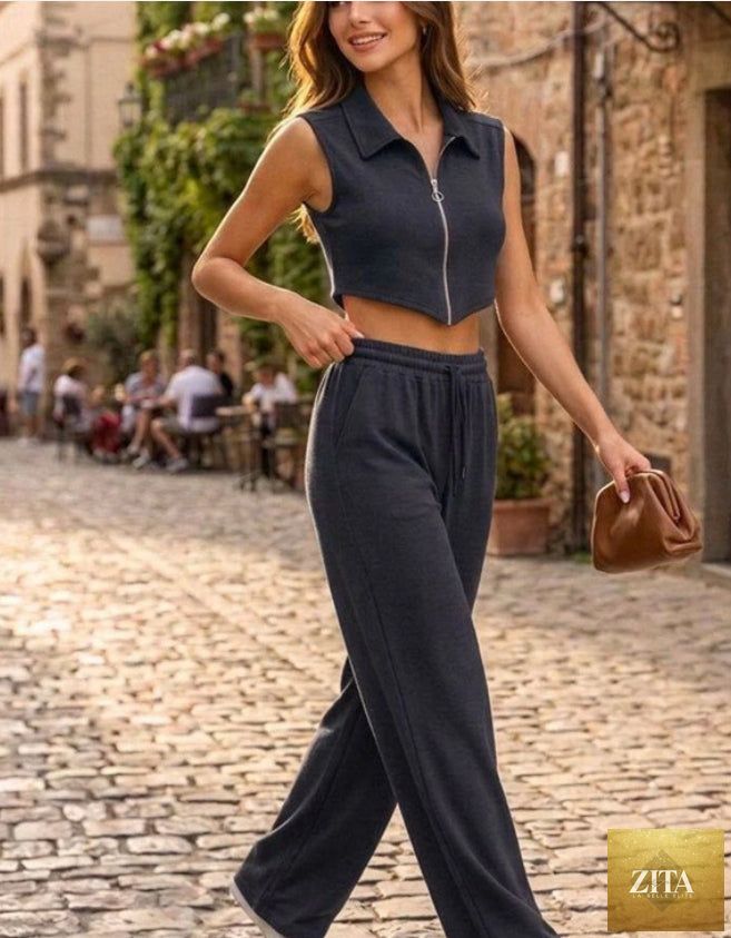 Zita La Belle Elite women's sleeveless vest and wide-leg pants casualwear set on a model, showcasing stylish summer outfit.