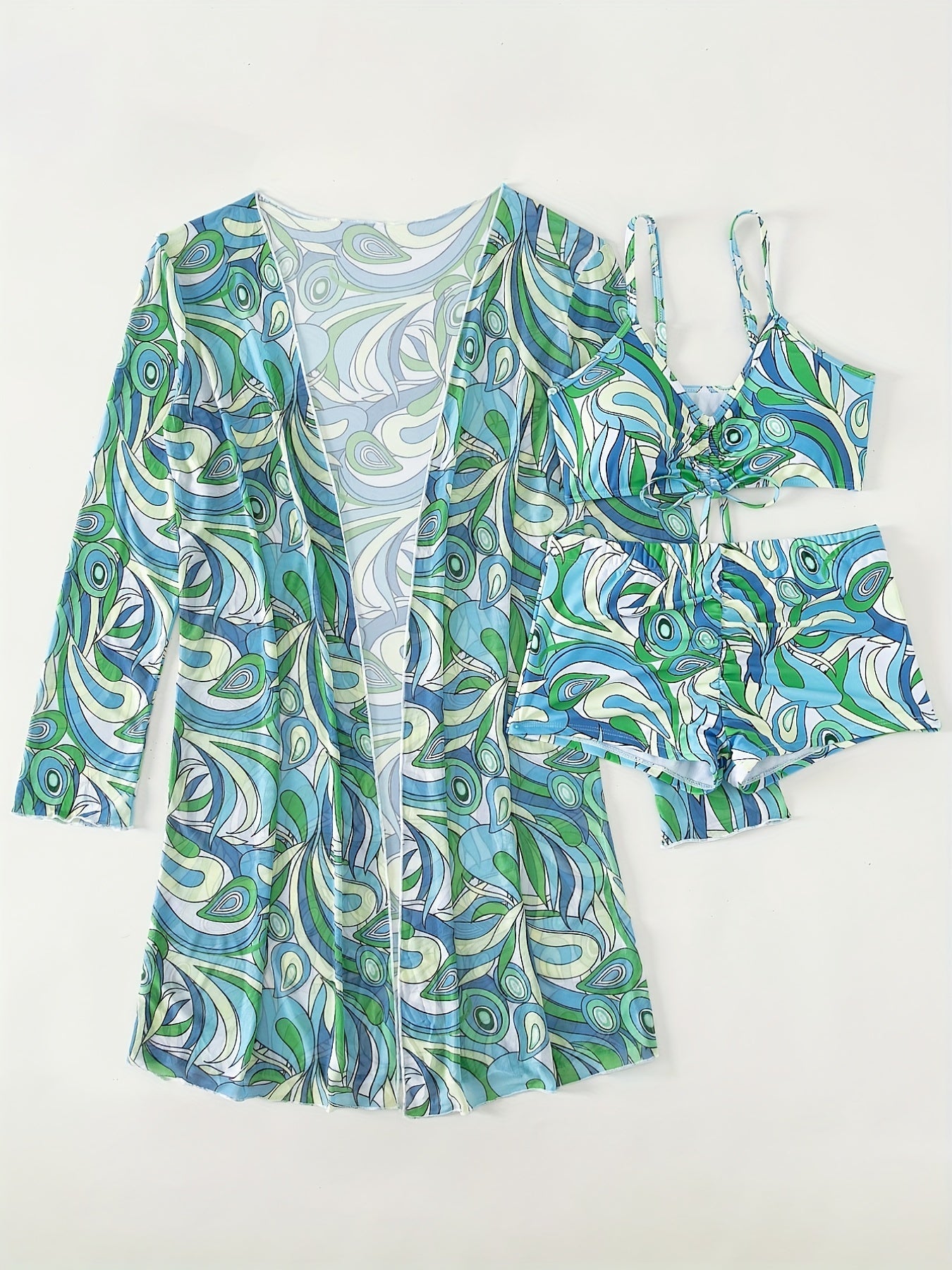 Stevvex Modern Geo 3-Piece bikini set with vibrant geometric print, V-neck top, boxer shorts bottoms, and long sleeve cover shirt.