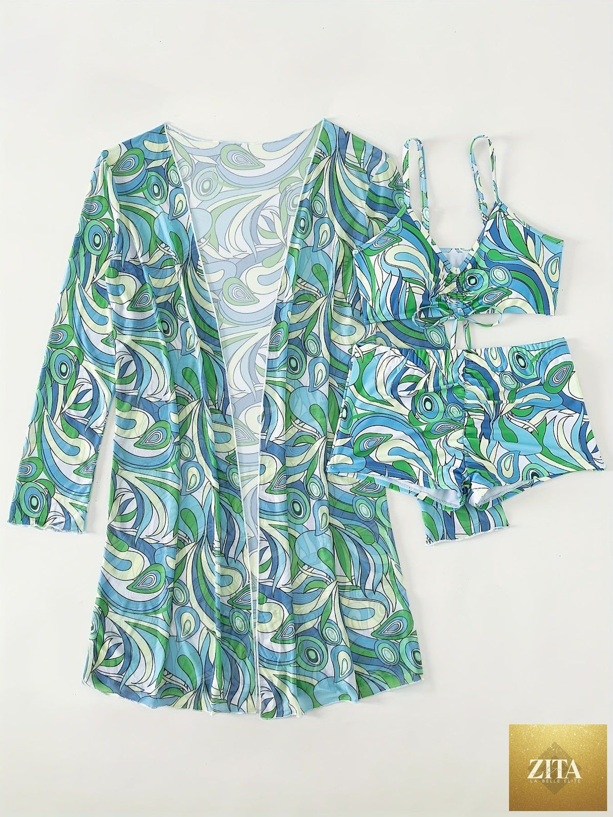 Stevvex Modern Geo 3-Piece bikini set with vibrant geometric print, V-neck top, boxer shorts bottoms, and long sleeve cover shirt.