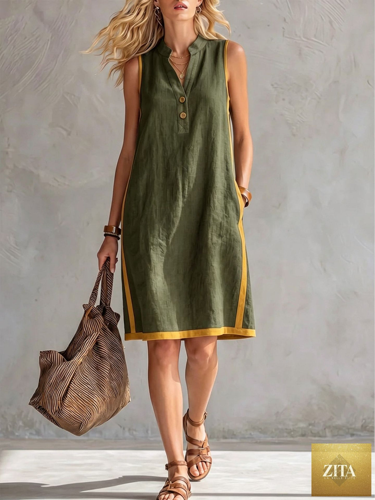 Women's sleeveless V-neck button-front A-line midi dress with front pockets, casualwear by FitiqueFit, displayed on a hanger.