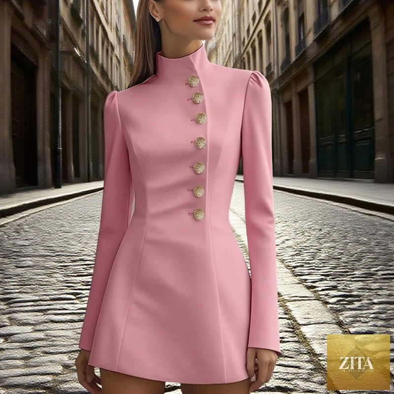 Women’s slim fit blazer dress with stand collar, casualwear by FitiqueFit, featuring a tailored short, formal style.