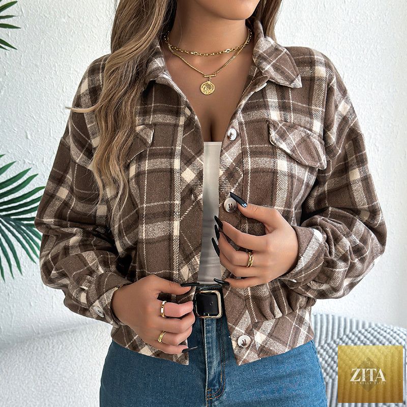 Women’s plaid shacket by FitiqueFit featuring long sleeves and button-down front, perfect as a stylish shirt jacket.