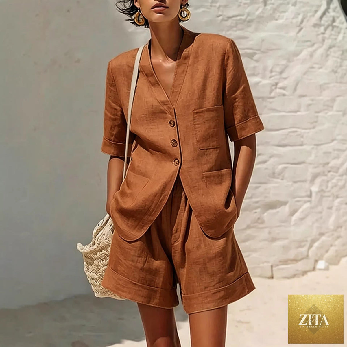 Zita La Belle Elite women's casual cotton-linen loose-fit T-shirt and cropped shorts two-piece set, in neutral tones.