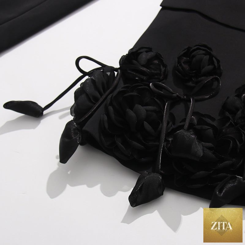 Women's elegant 3D floral loose-fit blazer by Zita La Belle Elite, regular length coat with detailed floral embroidery and tailored fit.