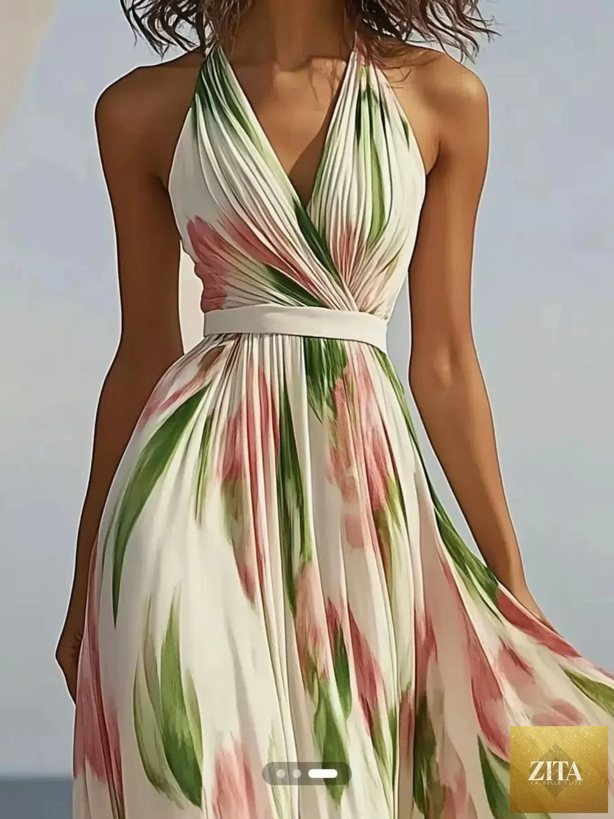 Floral print halter neck maxi dress by Shopiebay featuring a flowing silhouette and vibrant flower patterns.