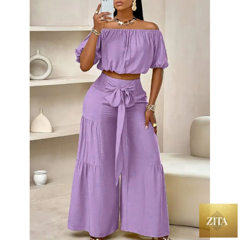 Zita La Belle Elite high-waist flared pants and matching top two-piece casualwear set in six colors, available in S–2XL.
