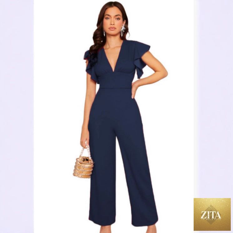Women's elegant high-waist ruffle trim jumpsuit in three colors, by Zita La Belle Elite, casualwear style, shown on a model.