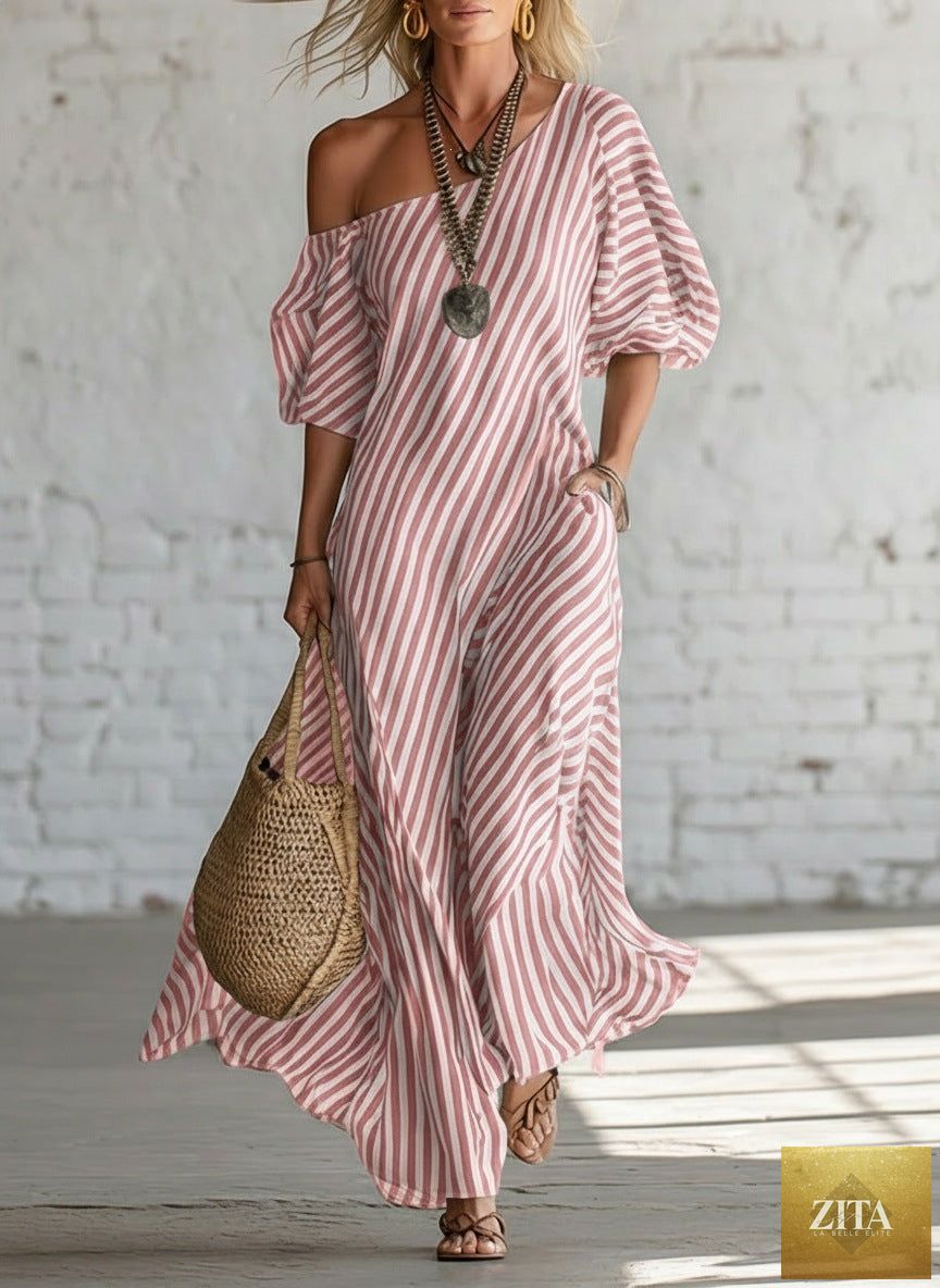 Women's striped off-shoulder elegant midi dress by FitiqueFit, featuring a stylish design with a fitted waist and flowing hem.