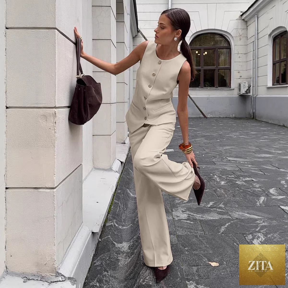 Women's sleeveless vest and wide-leg pants set by Zita La Belle Elite, casual office wear, featuring a stylish sleeveless vest and flowing pants.