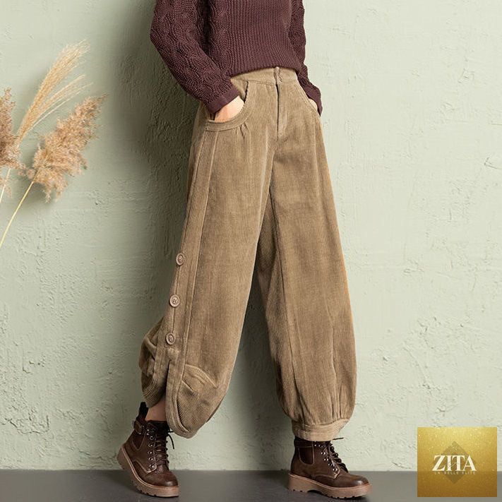 Zita La Belle Elite corduroy wide-leg pants with lace-up detail, styled for street fashion, in a trendy casual look.