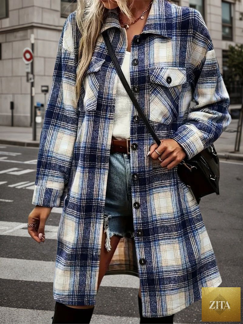 Women’s plaid shacket set by FitiqueFit featuring a flannel shirt jacket and distressed denim shorts in casualwear style.