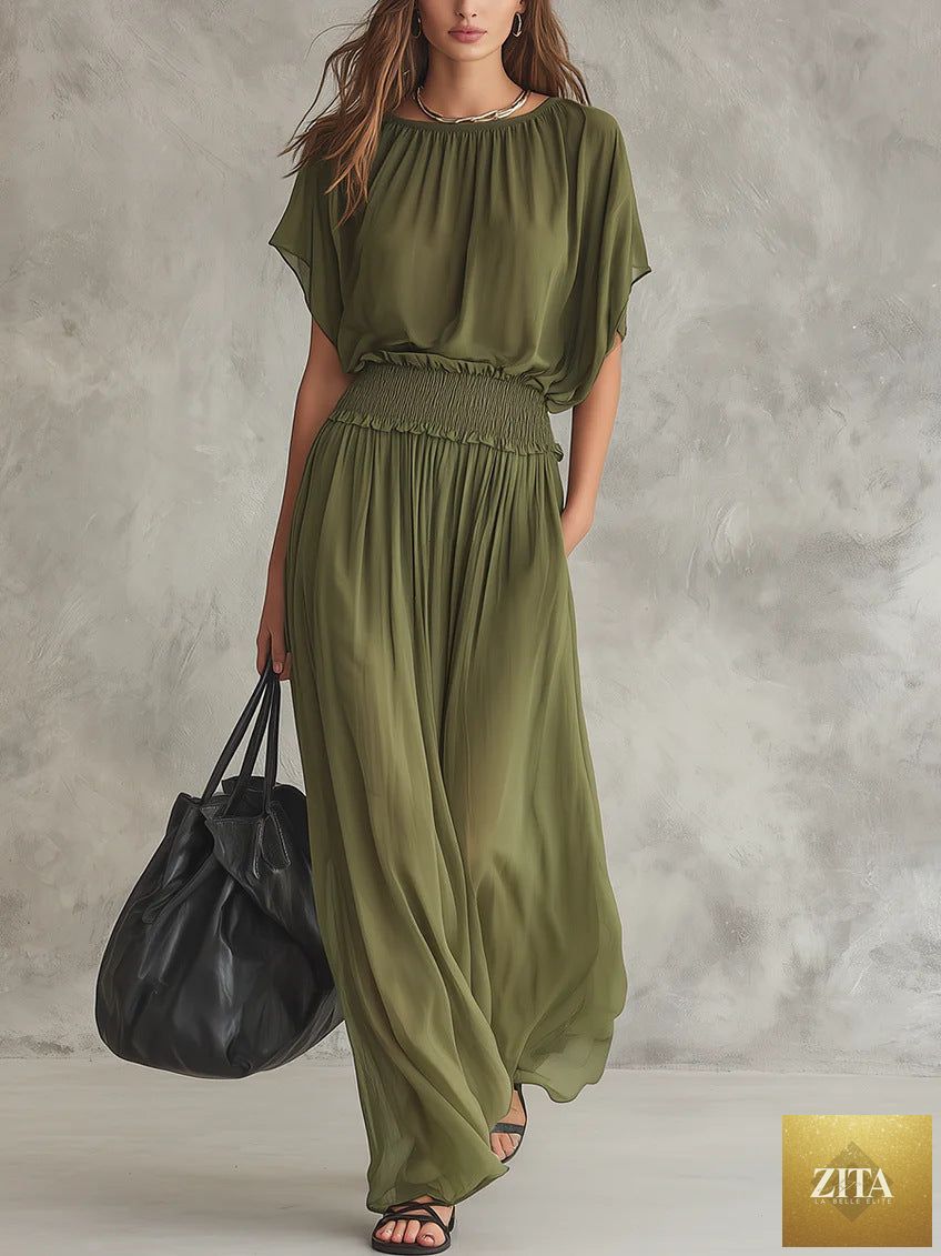 Women's chiffon high-waist ruched maxi dress by FitiqueFit, flowing fabric with gathered details and a stylish silhouette.