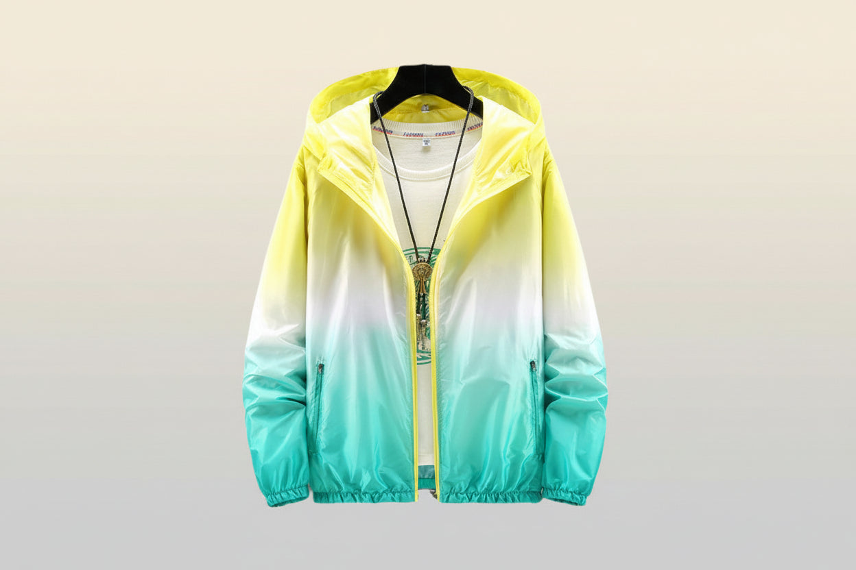 Lightweight FitiqueFit hooded sun-protective jacket with UPF fabric, shown in a neutral color, designed for outdoor sun protection.
