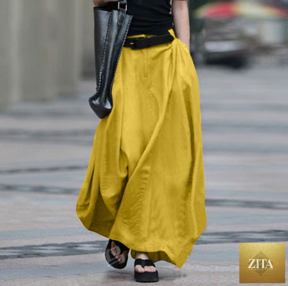 Women's high-waist flared maxi skirt in solid cotton linen with pockets, stylish and comfortable from FitiqueFit.