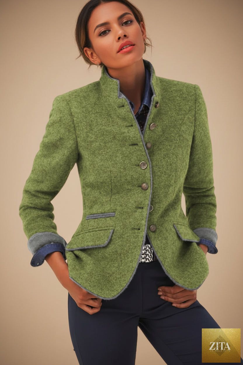 Women's color-block woolen coat by FitiqueFit featuring multi-button design and casual elegant style, shown on a model.