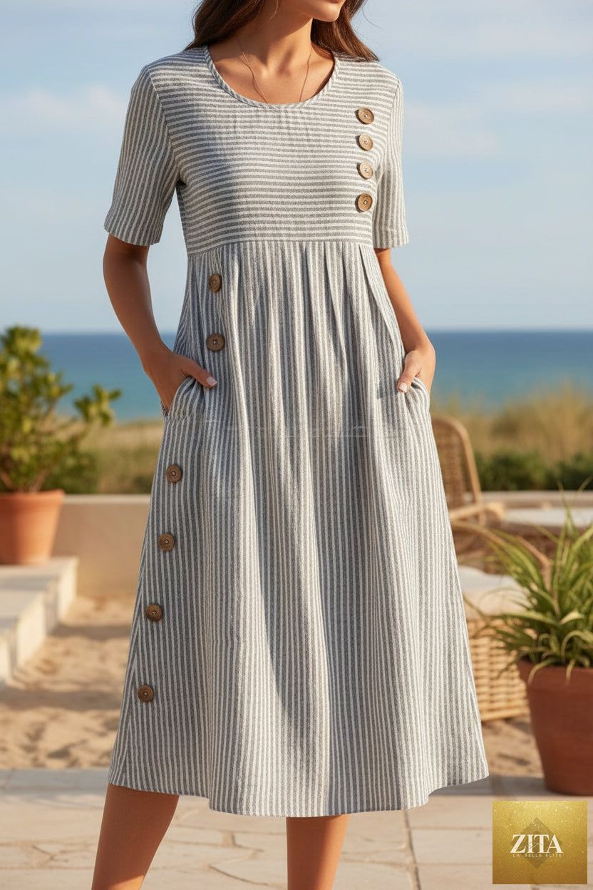 Zita La Belle Elite button-down swing maxi dress with short sleeves, pockets, and a pullover design, flowing long silhouette.