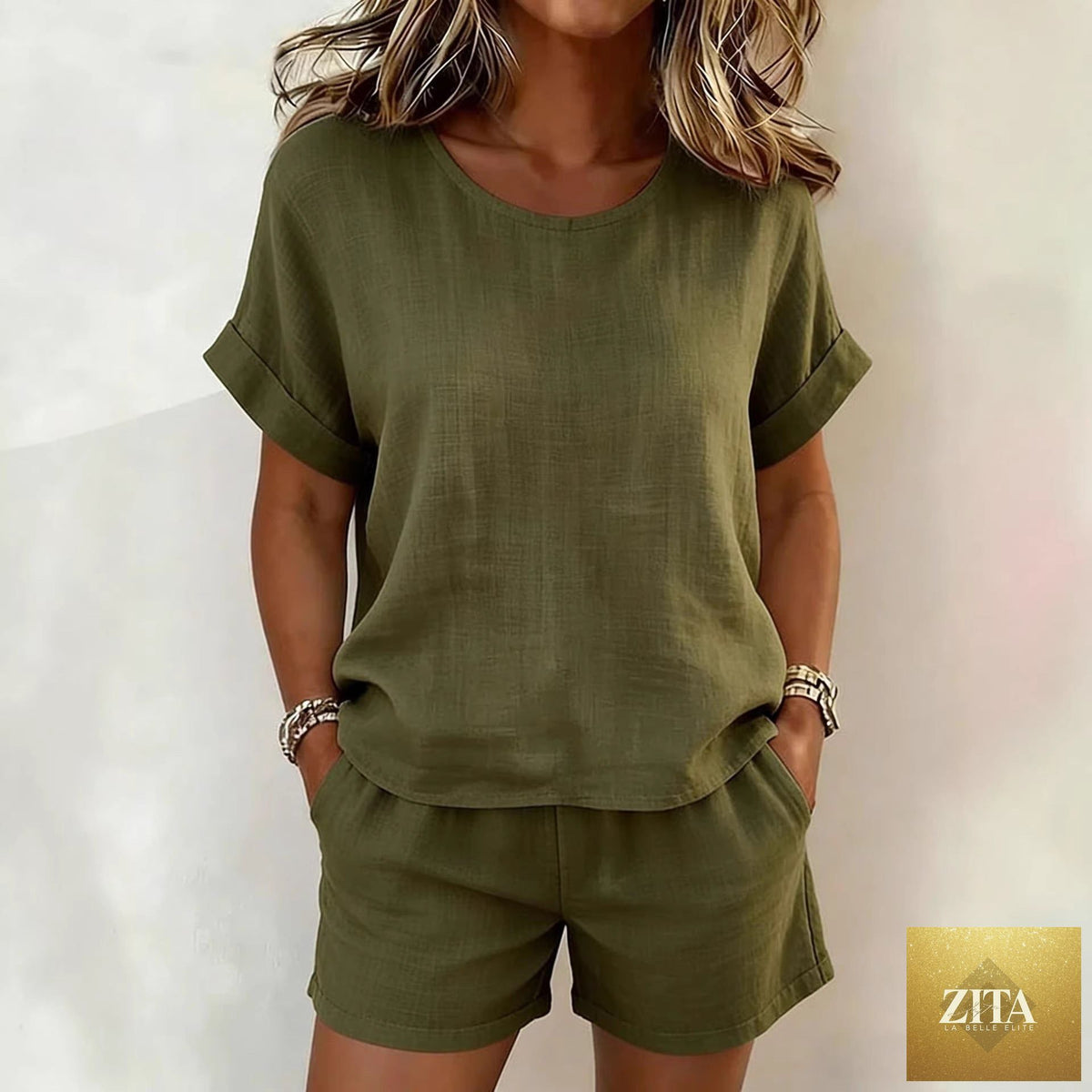 Zita La Belle Elite solid-color cotton linen T-shirt and shorts set in six vibrant colors, casualwear for comfortable style.