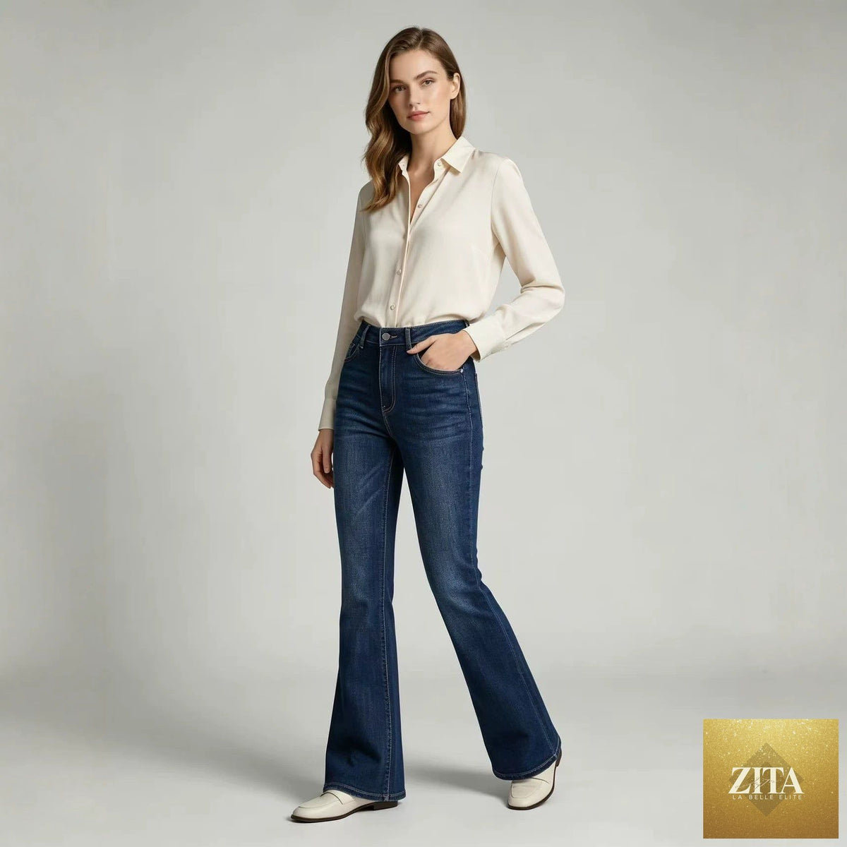 High-waist slim-fit slightly flared women's jeans by FitiqueFit, full-length denim pants with classic five-pocket design.