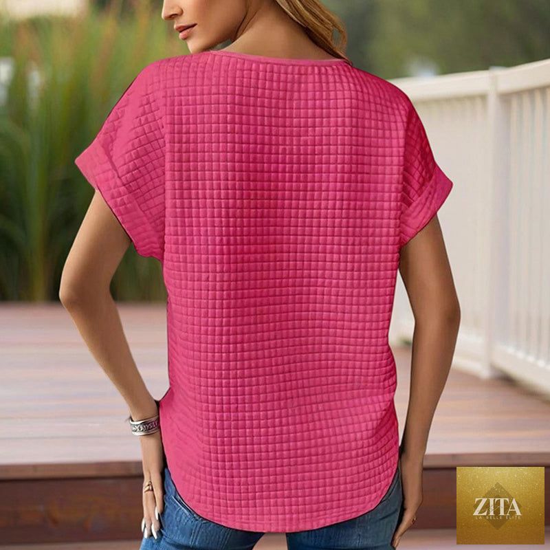 Women’s textured cuff short-sleeve casual tee by FitiqueFit, featuring a relaxed fit and stylish textured fabric.