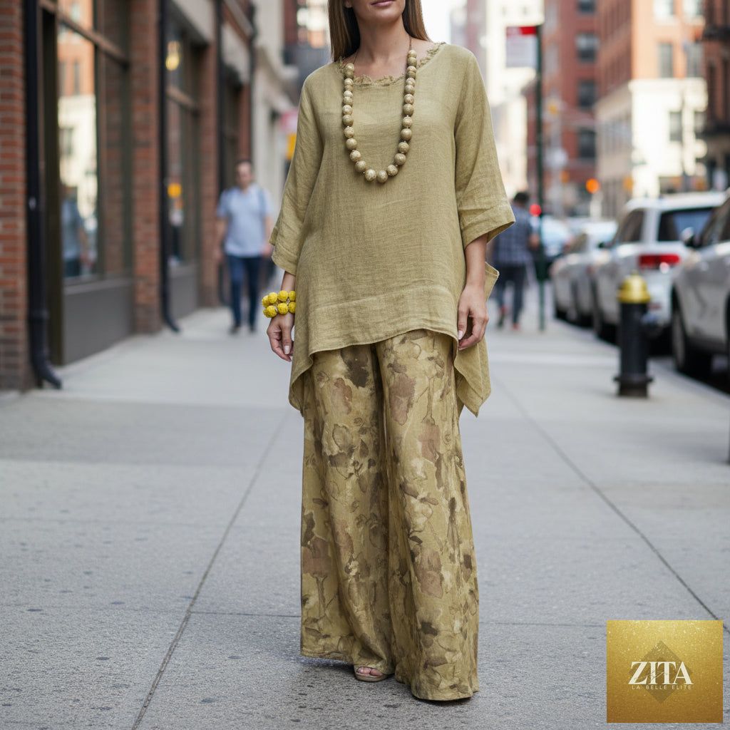 Zita La Belle Elite cotton-linen irregular hem drop-shoulder top with wide-leg pants set in three colors, casual and stylish.