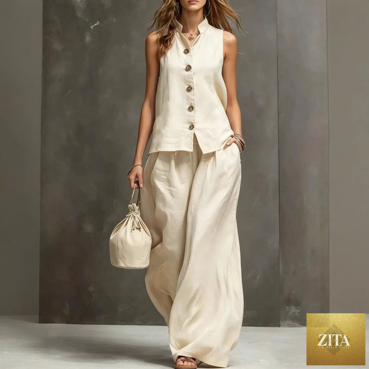 Zita La Belle Elite women's sleeveless vest and wide-leg cotton linen pants two-piece set, beige color, casual summer outfit.