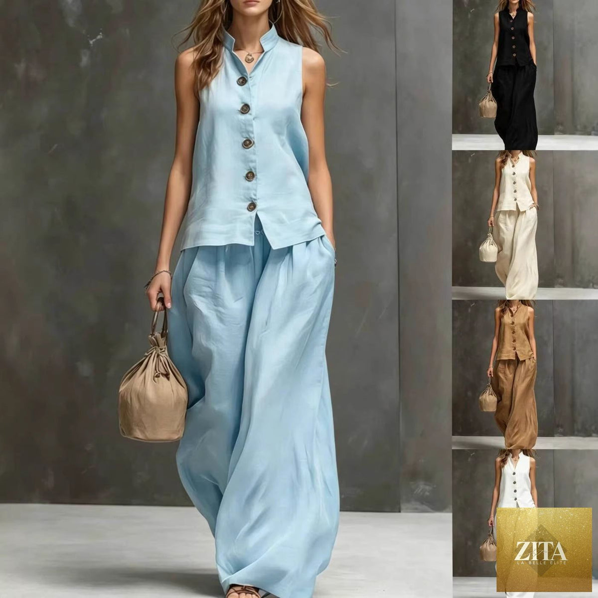 Women's sleeveless vest and wide-leg pants two-piece set in cotton linen, featuring a stylish and comfortable design by Zita La Belle Elite.
