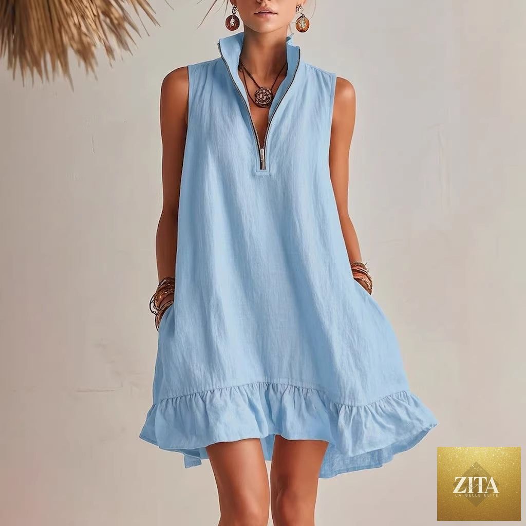 Women's casual sleeveless dress with half-zip and ruffle hem by Zita La Belle Elite, shown in a relaxed fit and stylish design.
