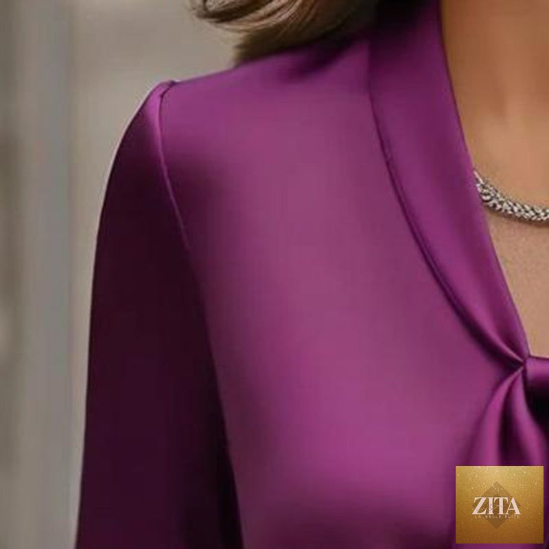 FitiqueFit satin ribbon blouse with long sleeves, button-down design, ideal for casual wear and stylish work outfits.