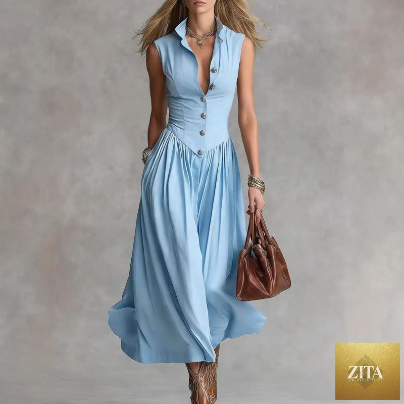 Women's sleeveless lapel collar maxi dress by FitiqueFit, featuring slim fit patchwork design, perfect for casual wear.