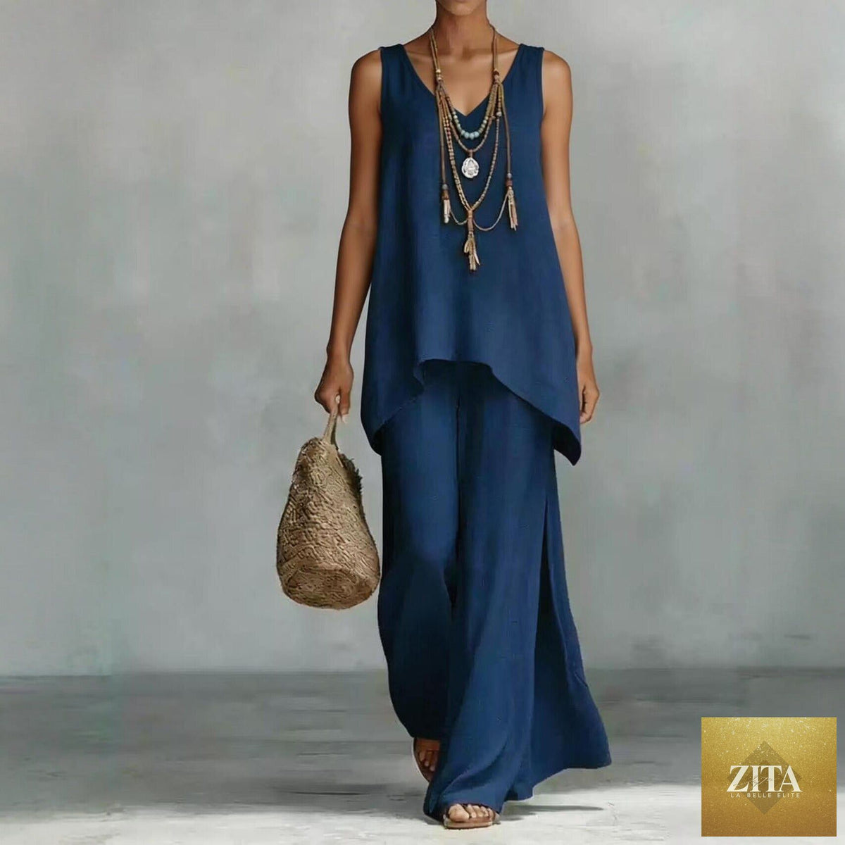 Women’s bohemian wide-leg pants and V-neck vest set by Zita La Belle Elite, featuring a colorful 3D print casualwear ensemble.