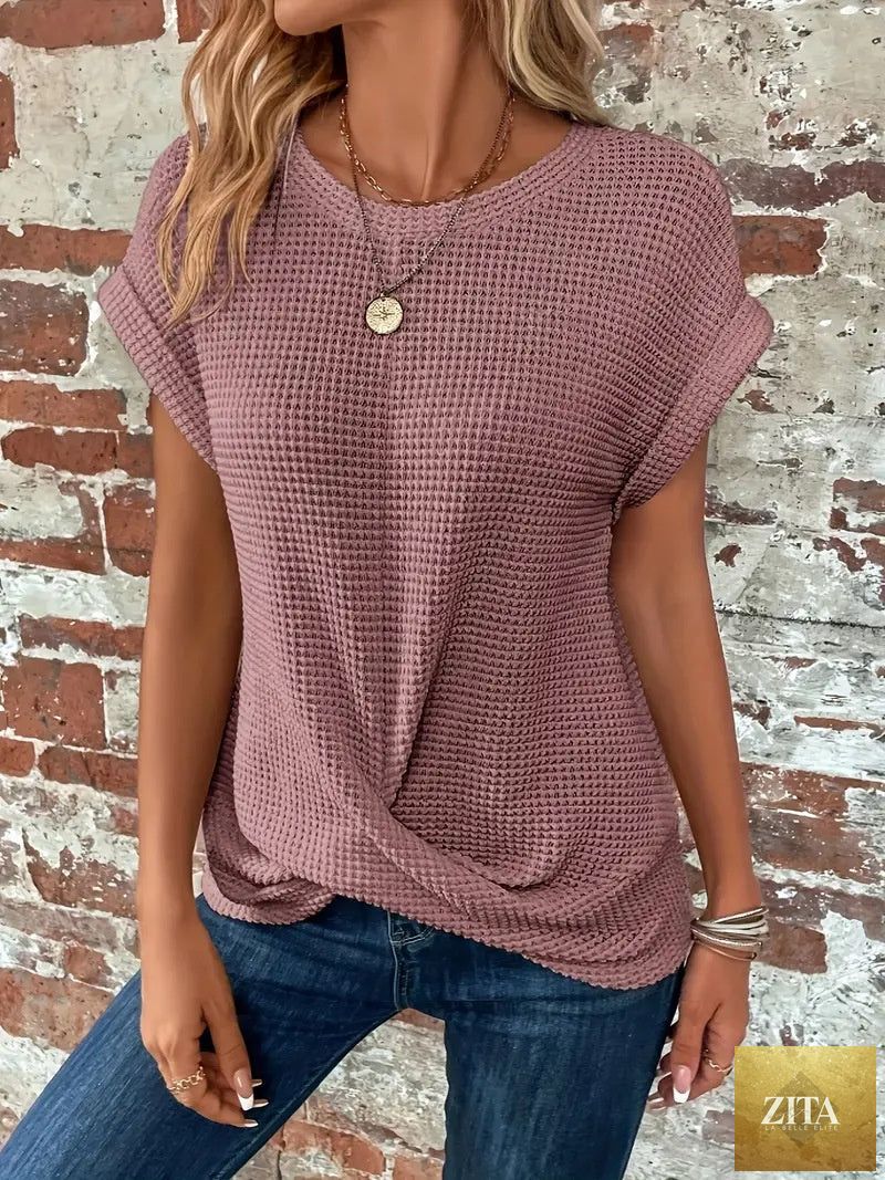 Women’s textured cuff short-sleeve tee from FitiqueFit, casualwear with a stylish textured fabric and relaxed fit.