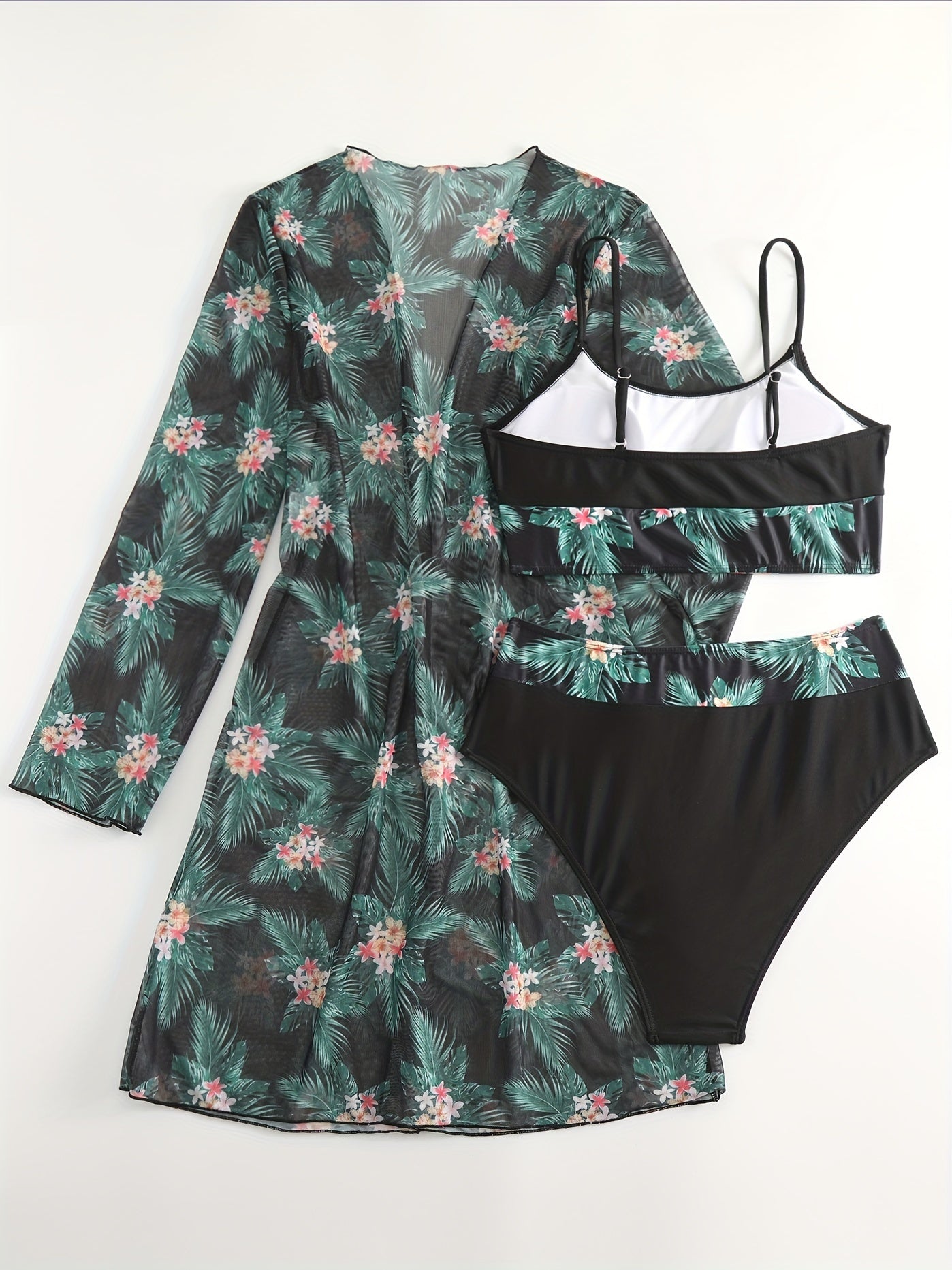 Stevvex tropical print 3-piece bikini set with high stretch fabric, crew neck mesh cover-up, perfect for summer beach and poolside.