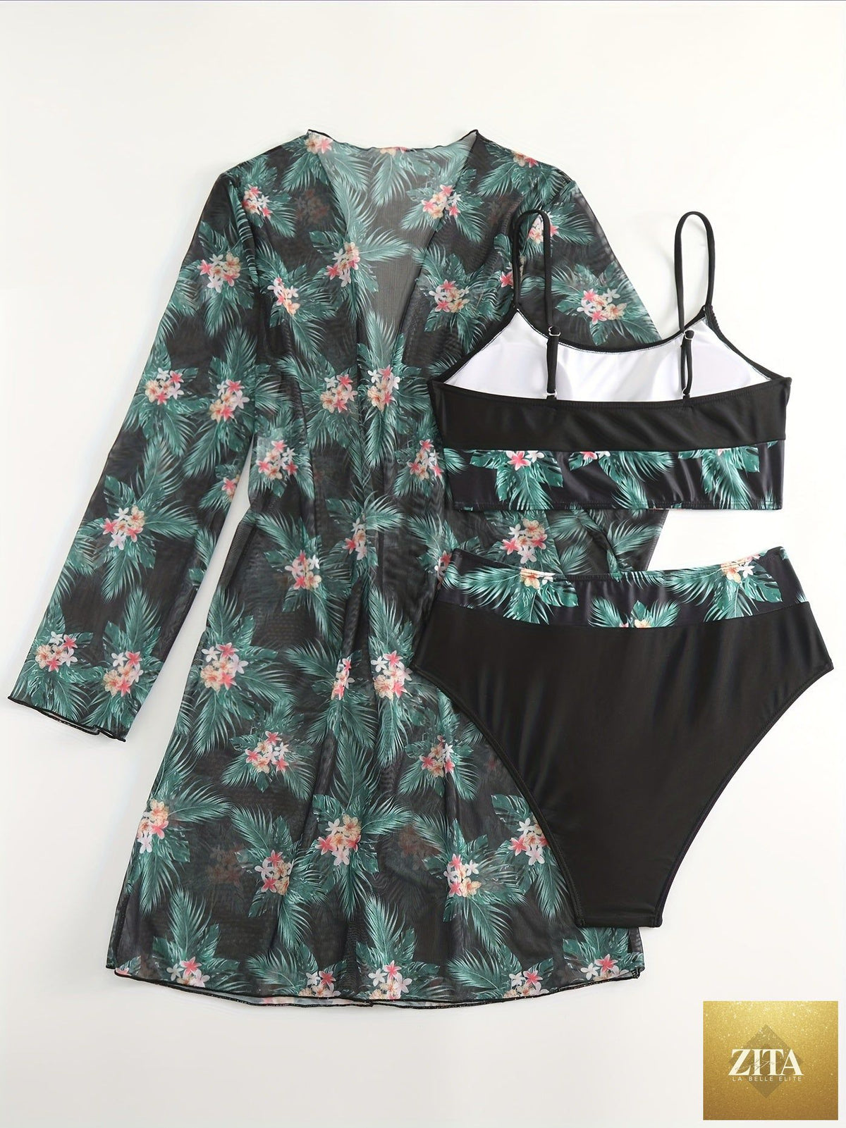 Stevvex tropical print 3-piece bikini set with high stretch fabric, crew neck mesh cover-up, perfect for summer beach and poolside wear.