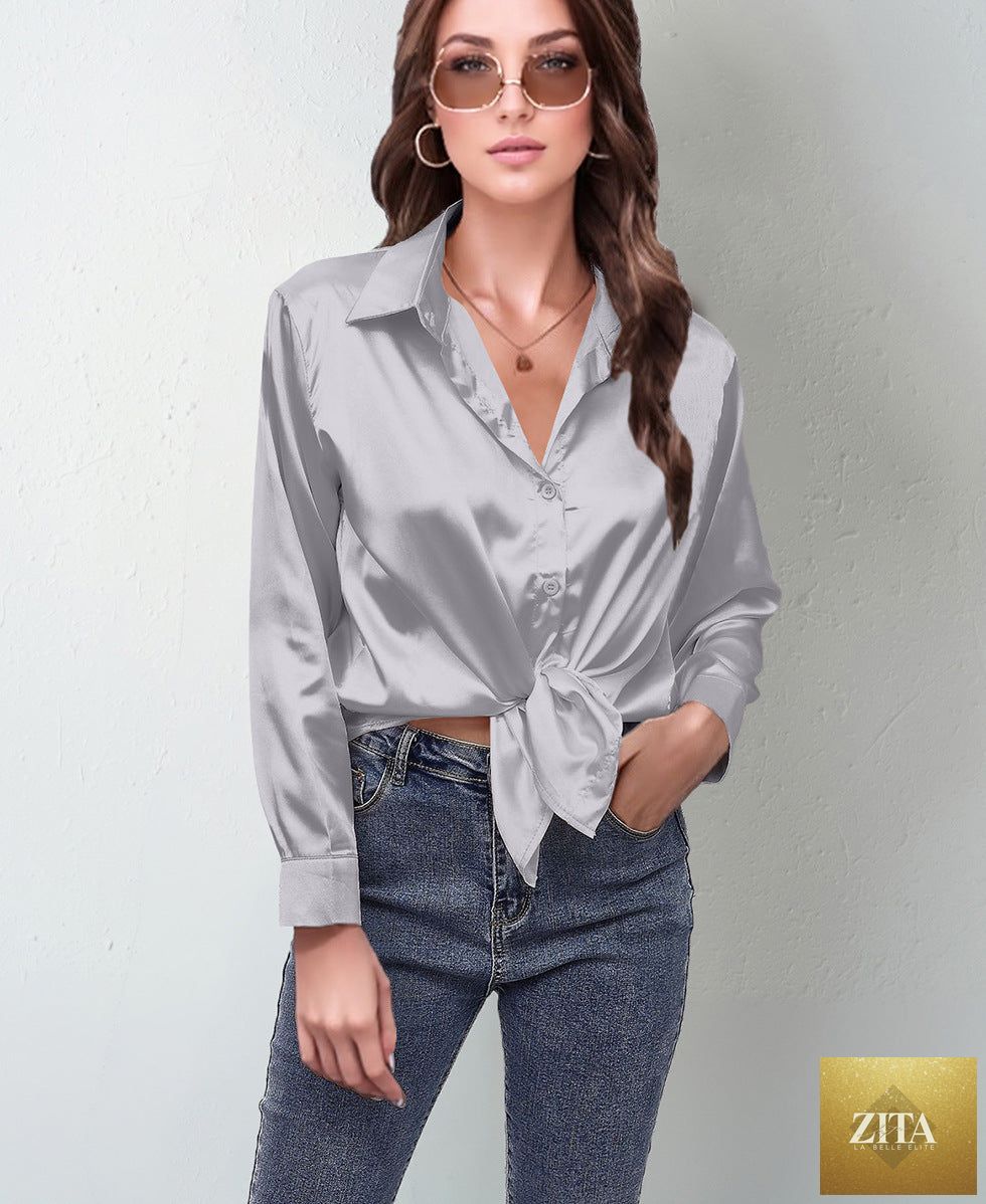 Women’s satin lapel button-down blouse by FitiqueFit, showcasing a casualwear style with a smooth satin fabric and classic collar.