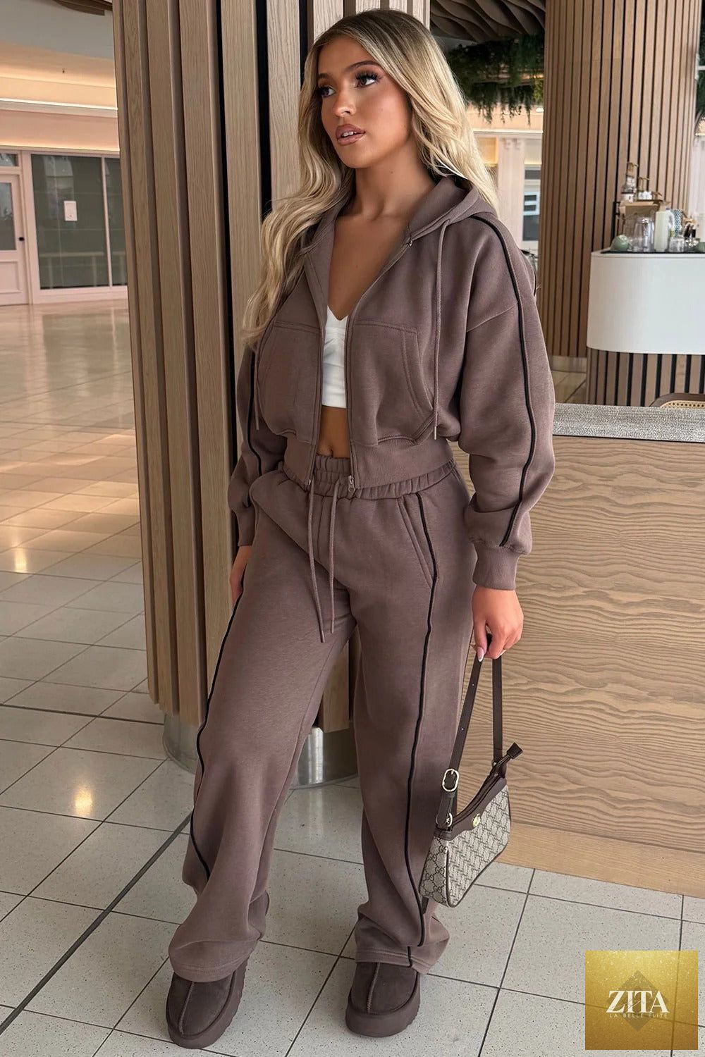 Women's Fleece Cropped Zip Hoodie & Wide-Leg Pants Set