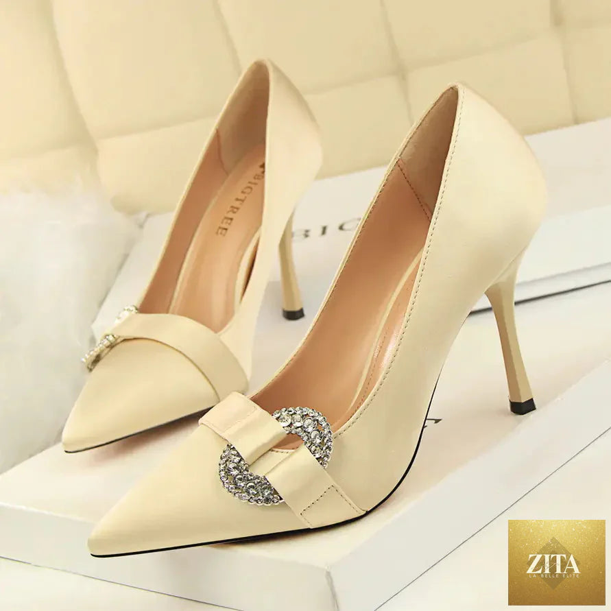 Women’s satin pointed toe high heel shoes with rhinestone buckle, stylish women’s footwear from Trendy Attic Store01.