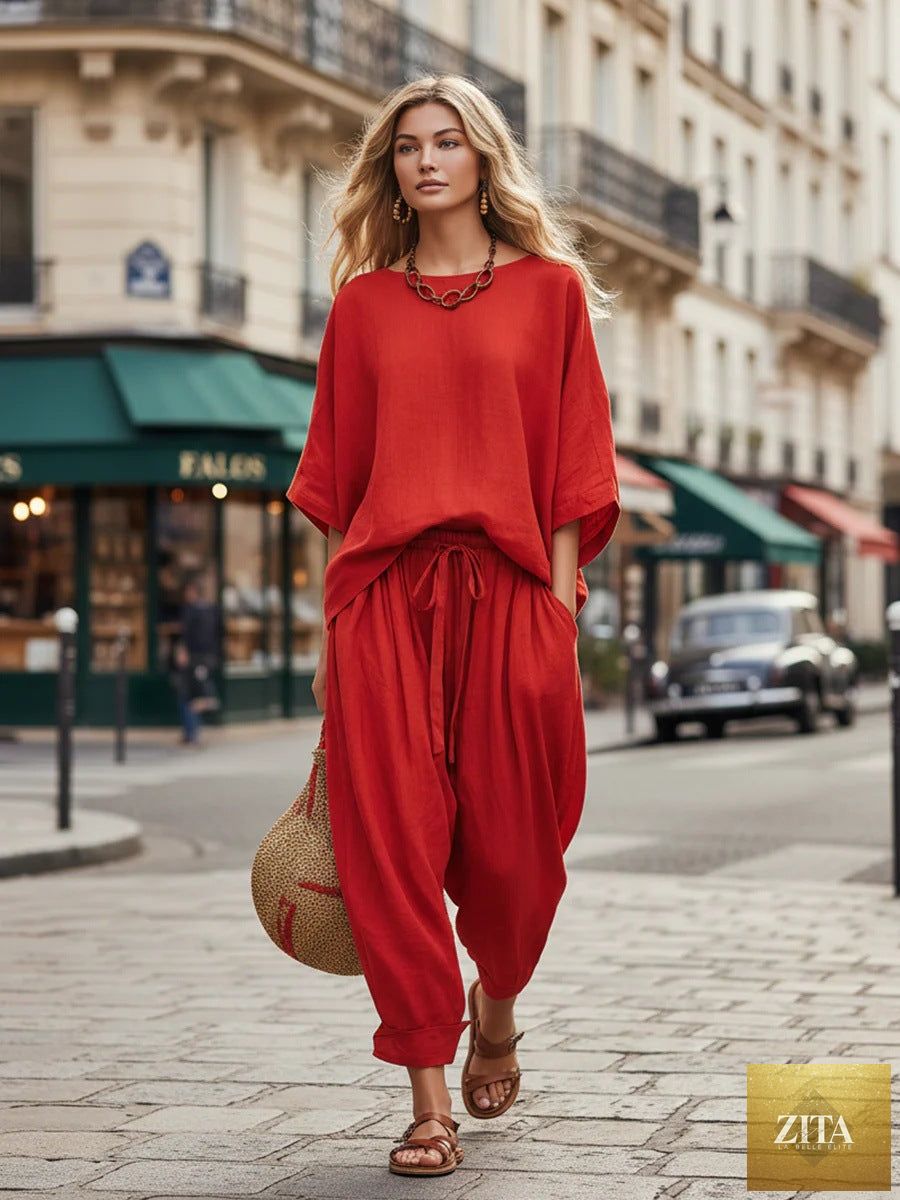 Zita La Belle Elite women's casual solid color loose T-shirt and ankle pants set, comfortable and stylish for everyday wear.