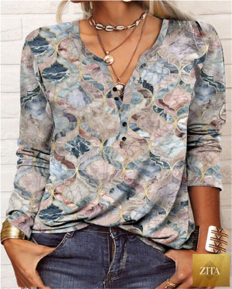 Women's ethnic print V-neck long sleeve casual T-shirt by Zita La Belle Elite, loose fit with colorful ethnic pattern.