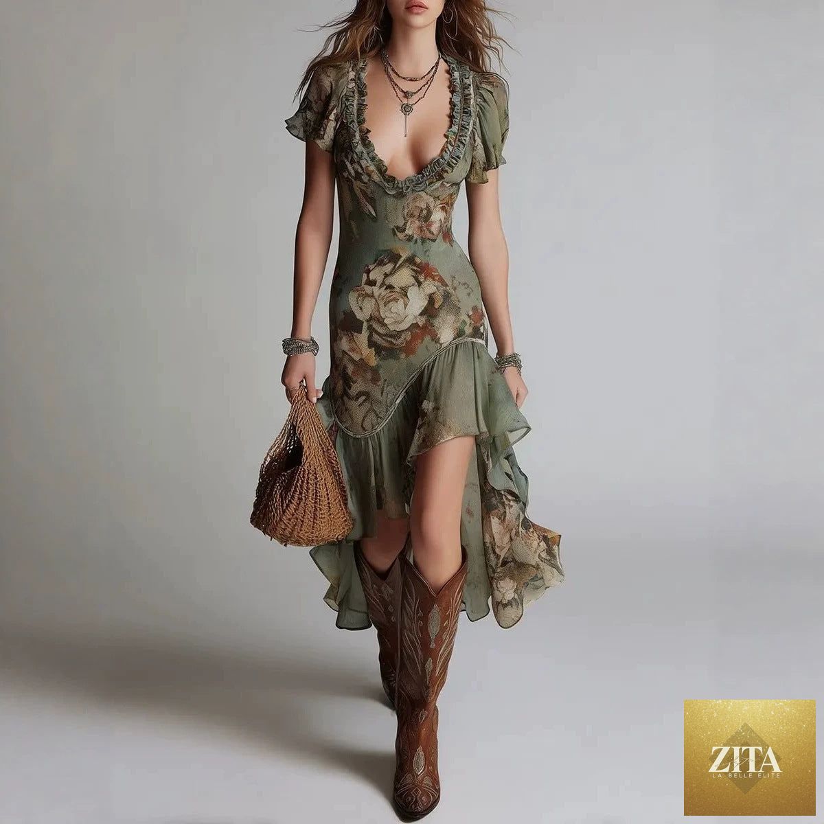 Women's vintage oil painting print A-line midi dress with bubble sleeves and ruffle irregular hem by FitiqueFit.