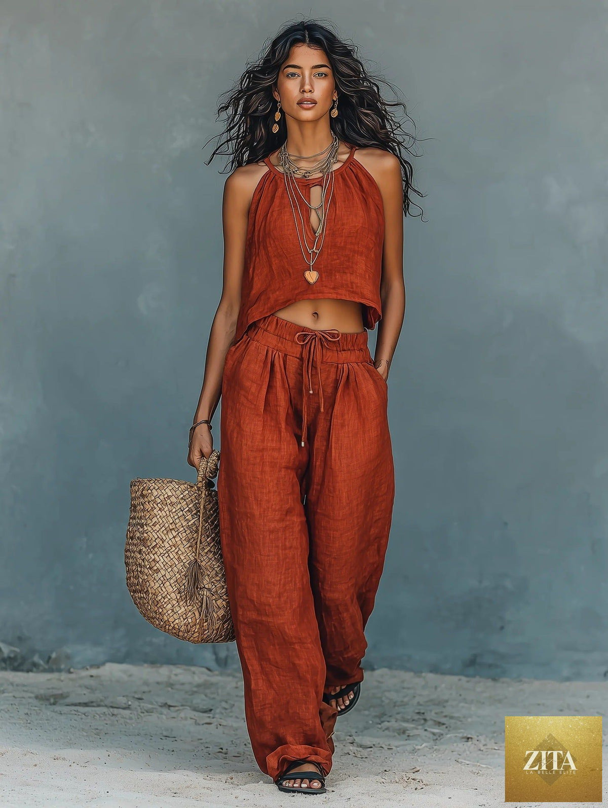 Women's linen blend sleeveless tank top and wide-leg pants casualwear set by FitiqueFit, shown in a relaxed summer style.