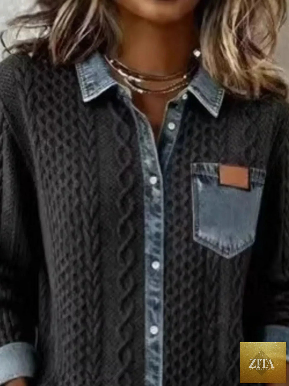 Denim Trim Cable Knit Cardigan