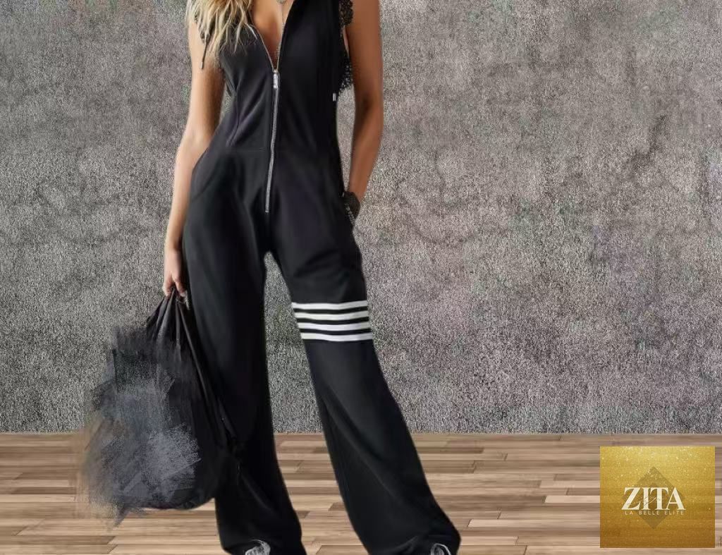 Women's sporty retro lace-up striped sleeveless hooded jumpsuit with wide flare legs, casualwear by Zita La Belle Elite.