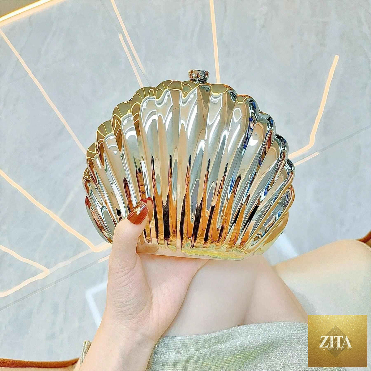Elegant women's seashell acrylic clutch by SHOMICOBOUTIQUE, metallic evening purse with sparkly details for parties and proms