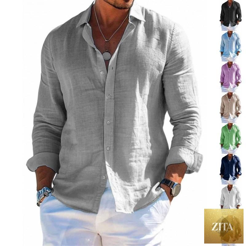 Mandotos men's long sleeve casual shirt with loose fit, solid color, lapel collar, button front, plus size blouse style.