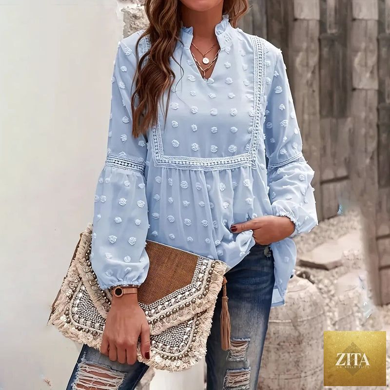 Women's long-sleeve V-neck business casual blouse by FitiqueFit, shown in a relaxed fit with a classic V-neck design.