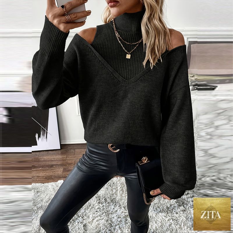 Women’s elegant off-shoulder turtleneck sweater by FitiqueFit, long sleeve knit top with a stylish, casual design.