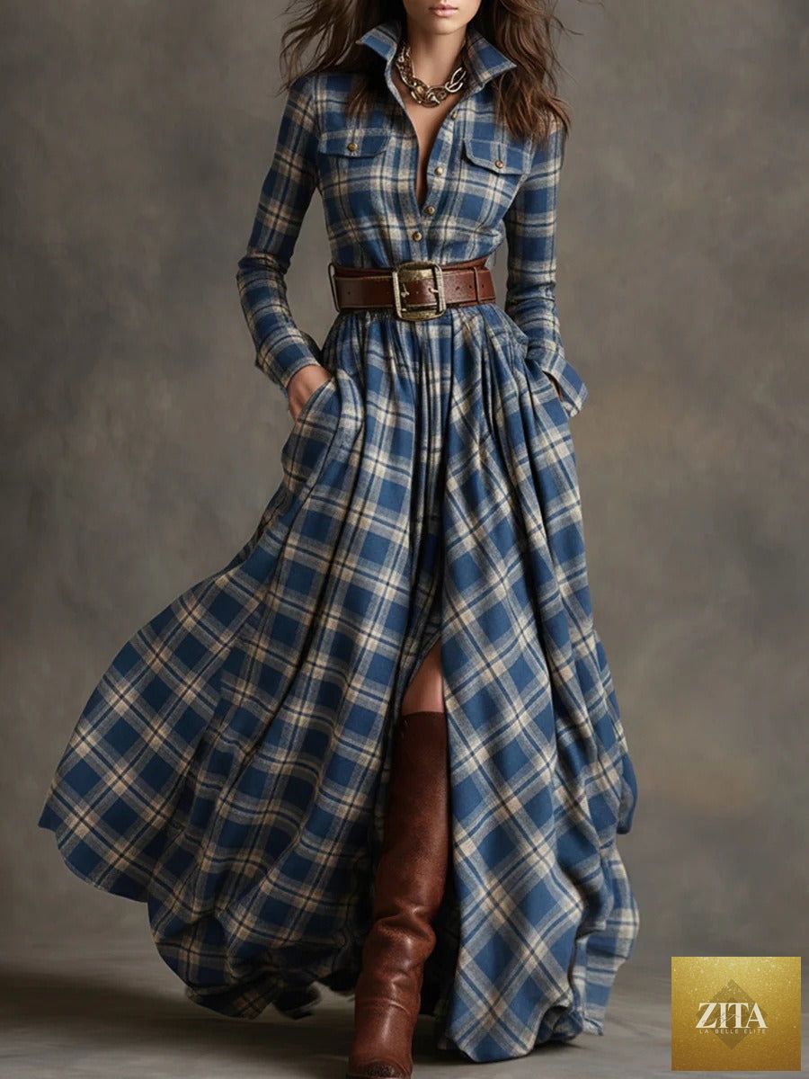 Plus size plaid print long sleeve shirt dress with pockets by FitiqueFit, casual women's casualwear, styled with a collar and button front