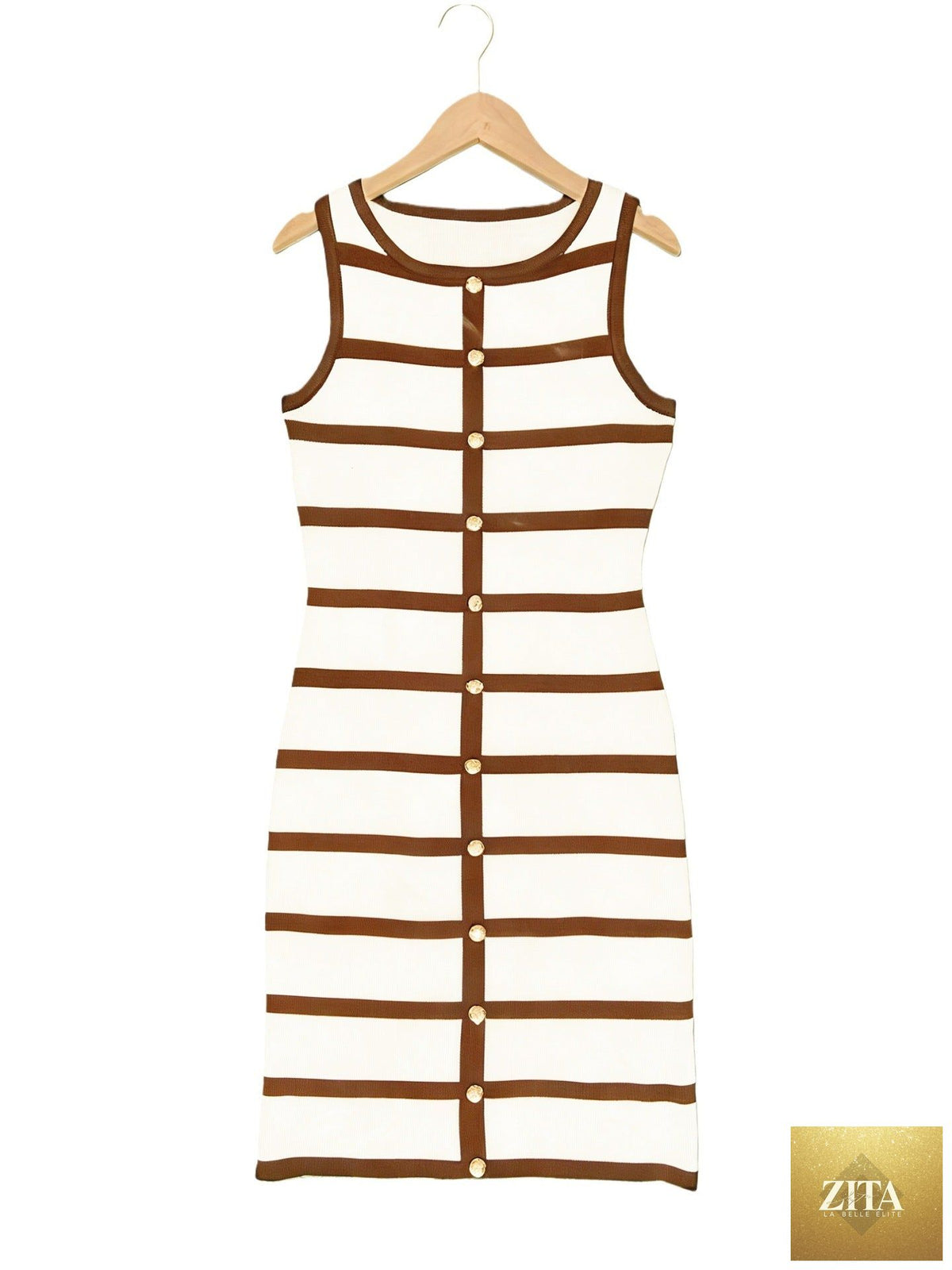 Contrast stripe knit sleeveless midi dress by FitiqueFit in five colors, featuring casual wear style and a comfortable fit.