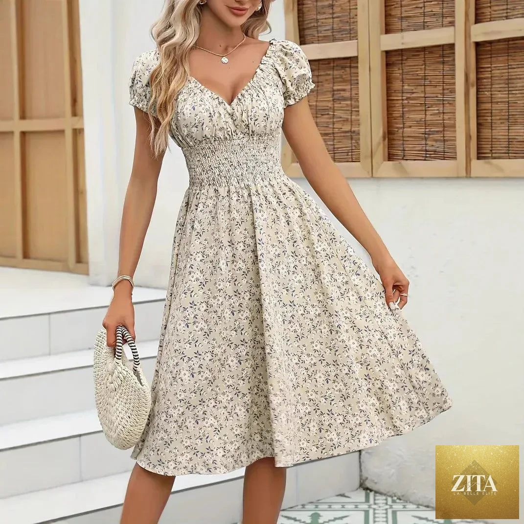 Vintage floral puff sleeve French dress by Da Beach Wear, featuring a classic floral pattern and elegant puff sleeves.