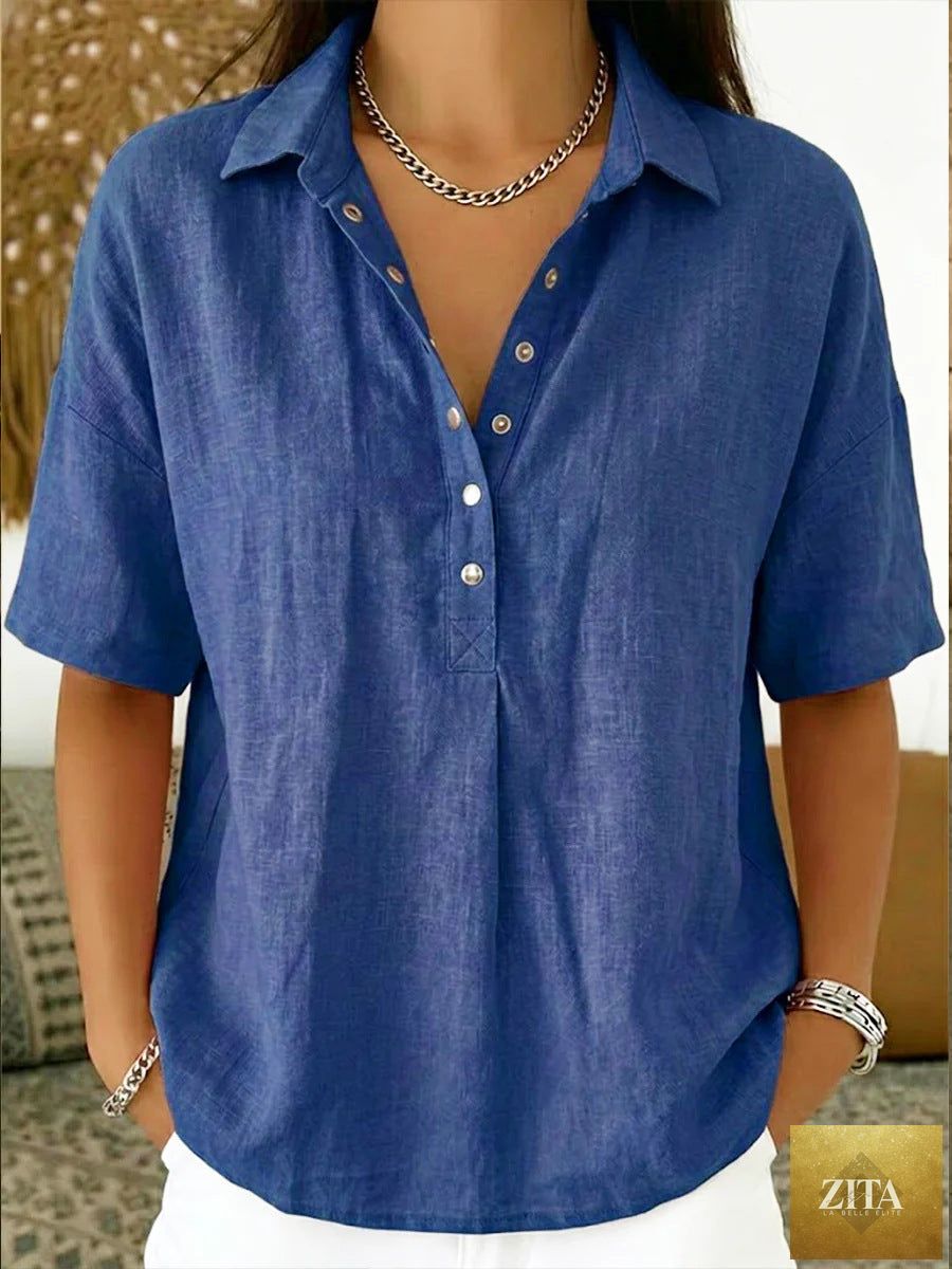 Zita La Belle Elite women's short sleeve button pullover shirt in solid color, casual top with a collared neckline and front buttons.